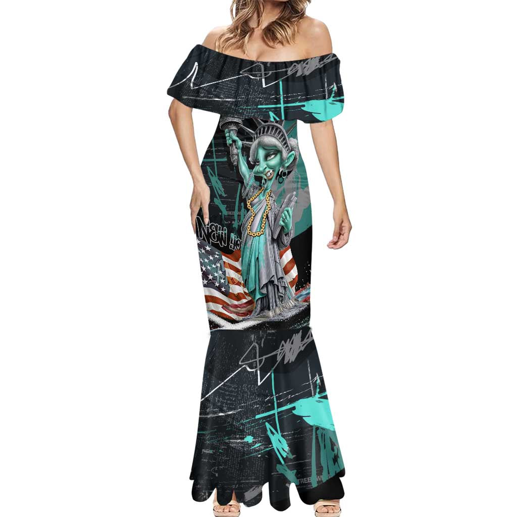 Street Art Liberty Mermaid Dress with Graffiti Print and Cartoon Statue of Liberty - Wonder Print Shop