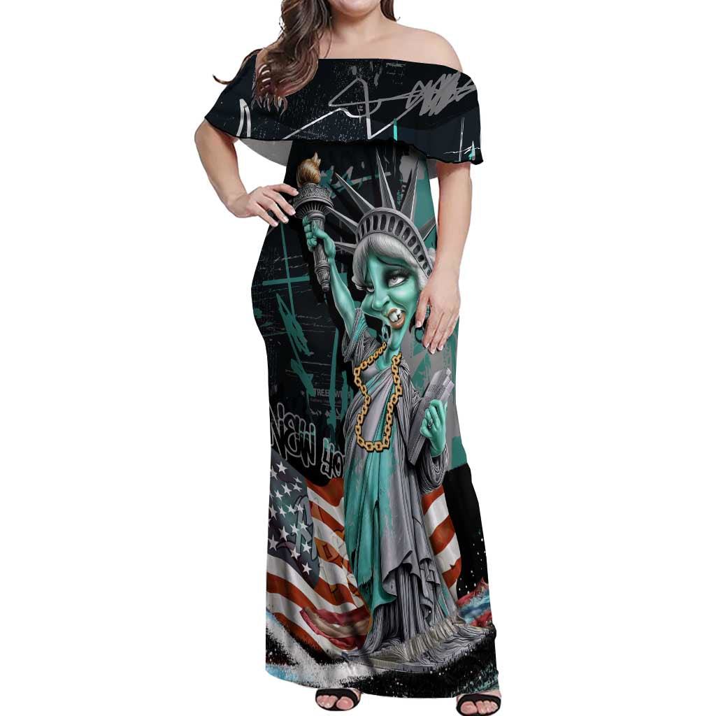 Street Art Liberty Off Shoulder Maxi Dress with Graffiti Print and Cartoon Statue of Liberty - Wonder Print Shop