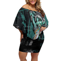 Street Art Liberty Off Shoulder Short Dress with Graffiti Print and Cartoon Statue of Liberty - Wonder Print Shop