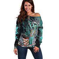 Street Art Liberty Off Shoulder Sweater with Graffiti Print and Cartoon Statue of Liberty - Wonder Print Shop