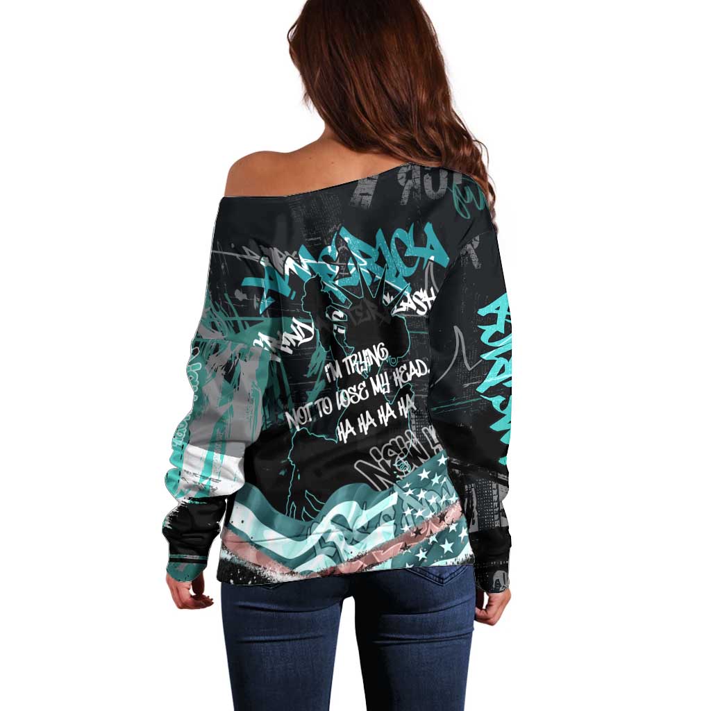 Street Art Liberty Off Shoulder Sweater with Graffiti Print and Cartoon Statue of Liberty - Wonder Print Shop