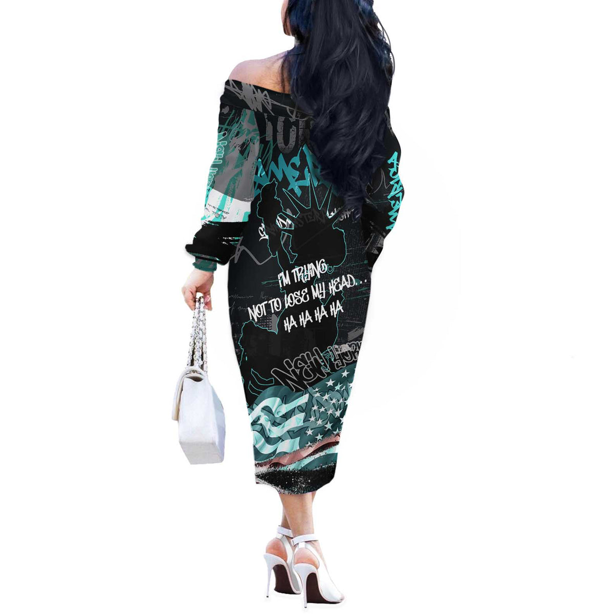 Street Art Liberty Off The Shoulder Long Sleeve Dress with Graffiti Print and Cartoon Statue of Liberty - Wonder Print Shop