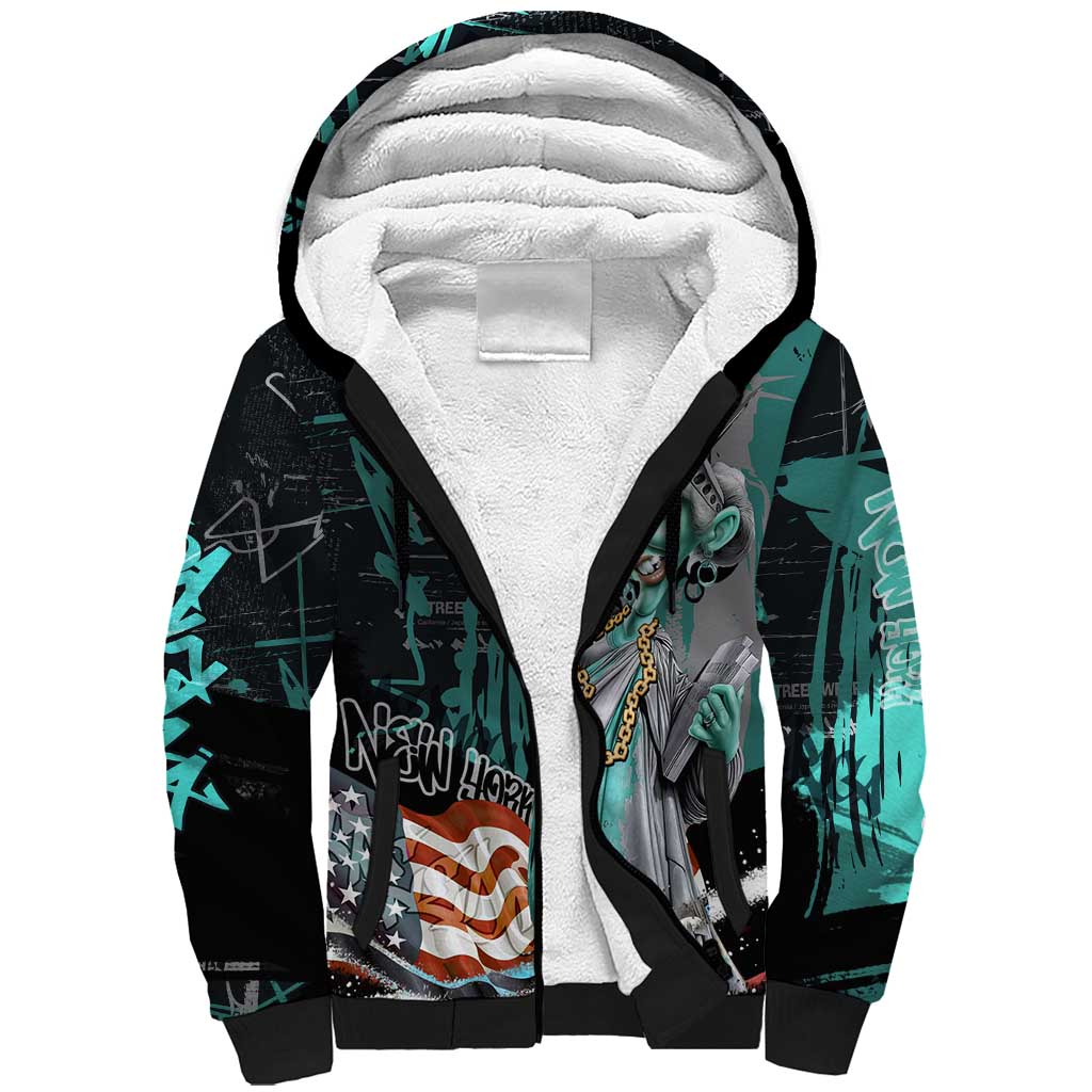 Street Art Liberty Sherpa Hoodie with Graffiti Print and Cartoon Statue of Liberty - Wonder Print Shop