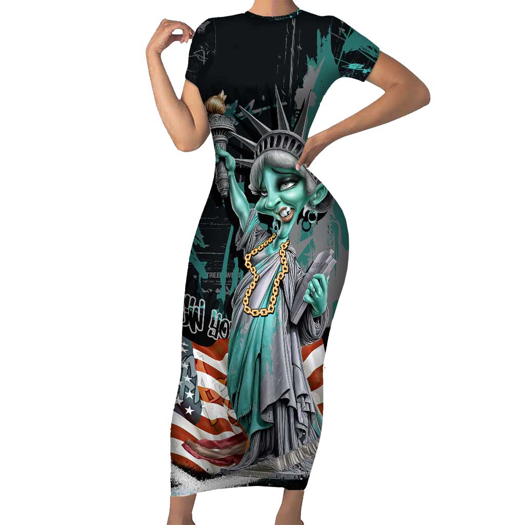 Street Art Liberty Short Sleeve Bodycon Dress with Graffiti Print and Cartoon Statue of Liberty - Wonder Print Shop