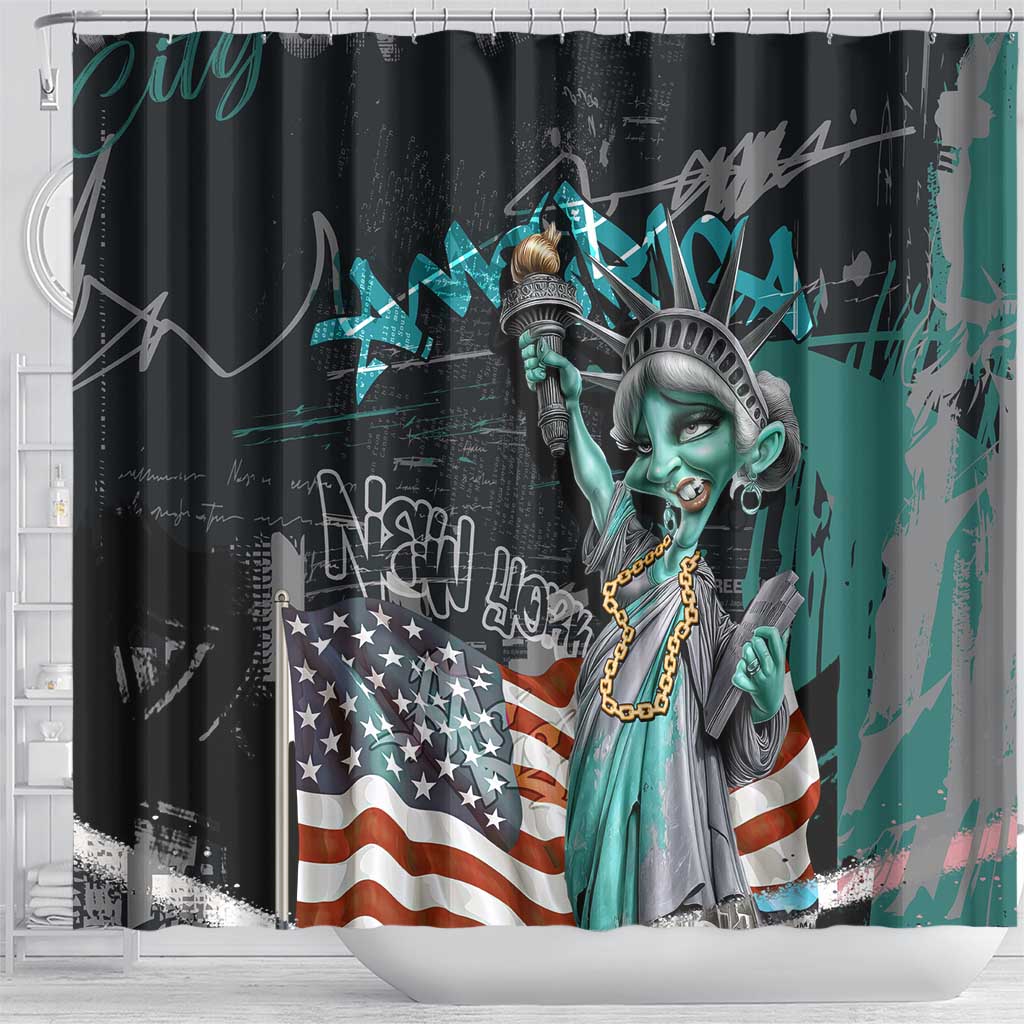 Street Art Liberty Shower Curtain with Graffiti Print and Cartoon Statue of Liberty - Wonder Print Shop