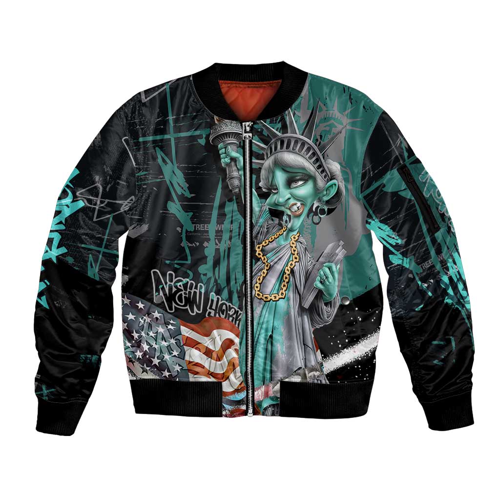 Street Art Liberty Sleeve Zip Bomber Jacket with Graffiti Print and Cartoon Statue of Liberty - Wonder Print Shop