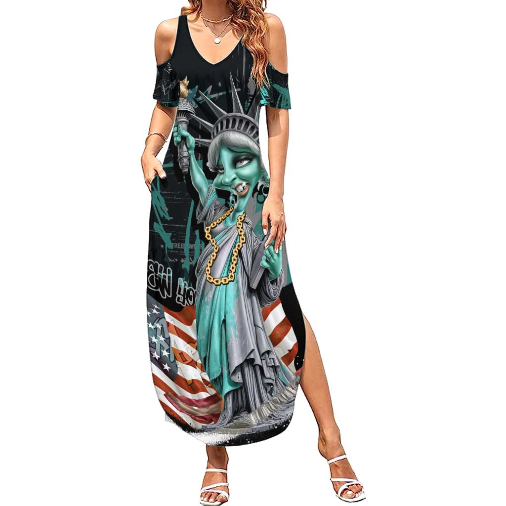 Street Art Liberty Summer Maxi Dress with Graffiti Print and Cartoon Statue of Liberty - Wonder Print Shop