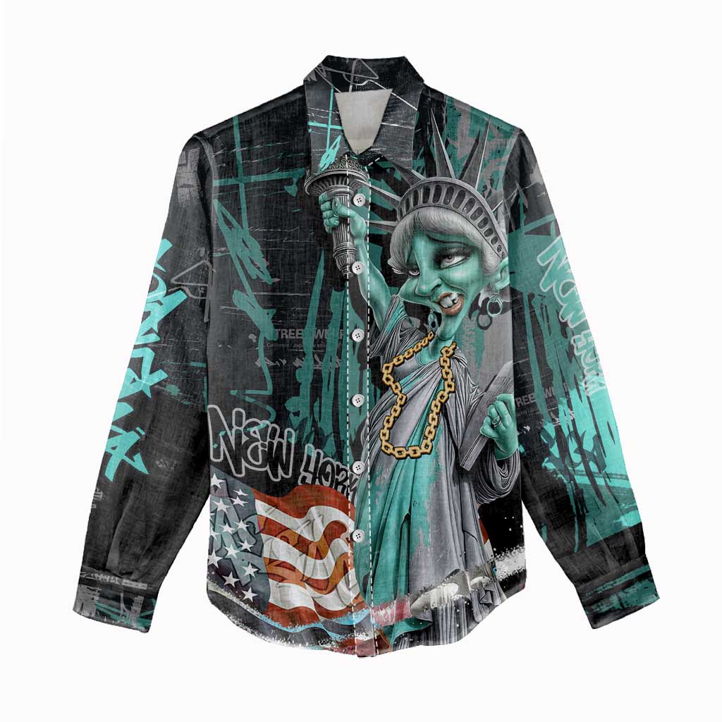 Street Art Liberty Women Casual Shirt with Graffiti Print and Cartoon Statue of Liberty - Wonder Print Shop