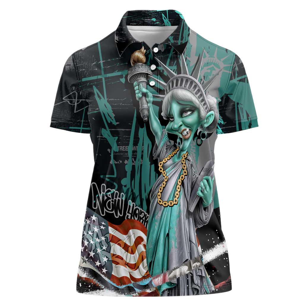 Street Art Liberty Women Polo Shirt with Graffiti Print and Cartoon Statue of Liberty - Wonder Print Shop
