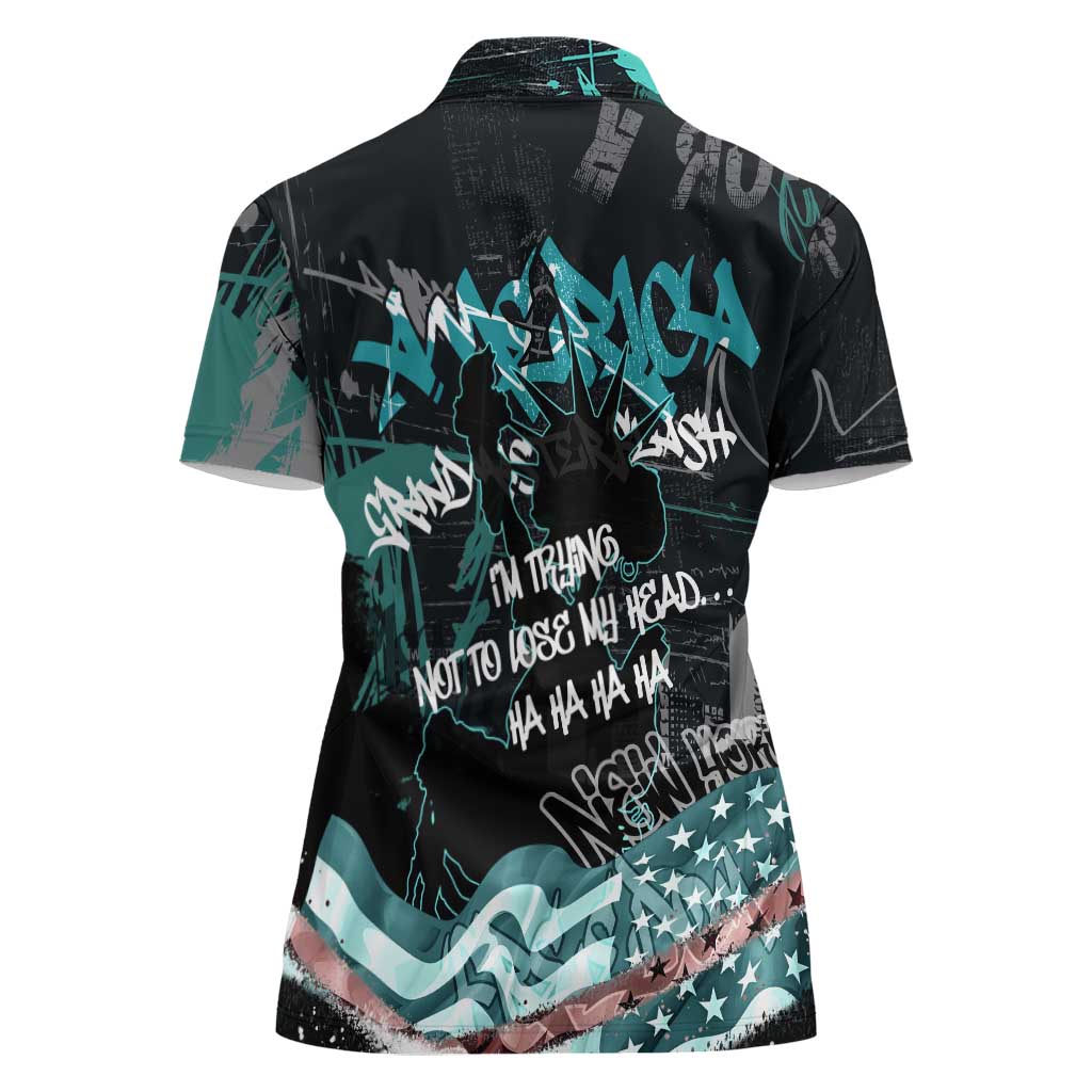 Street Art Liberty Women Polo Shirt with Graffiti Print and Cartoon Statue of Liberty - Wonder Print Shop