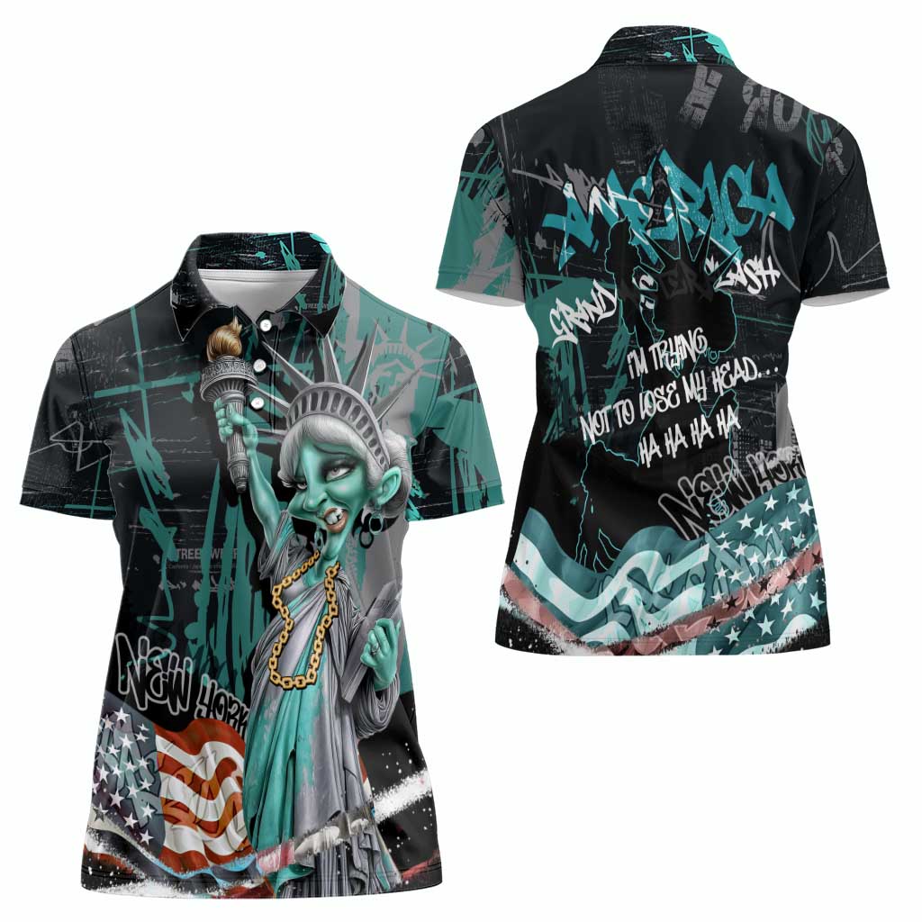 Street Art Liberty Women Polo Shirt with Graffiti Print and Cartoon Statue of Liberty - Wonder Print Shop