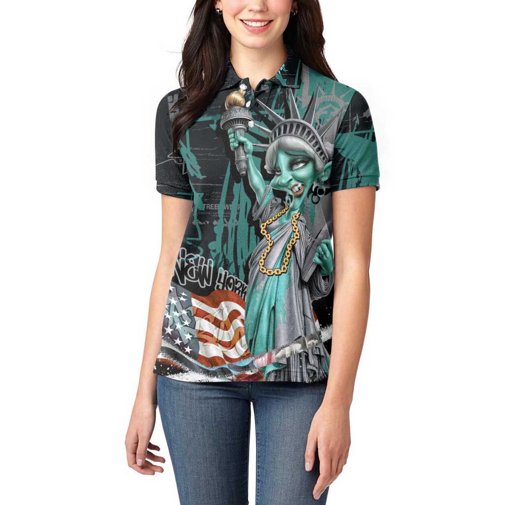 Street Art Liberty Women Polo Shirt with Graffiti Print and Cartoon Statue of Liberty - Wonder Print Shop