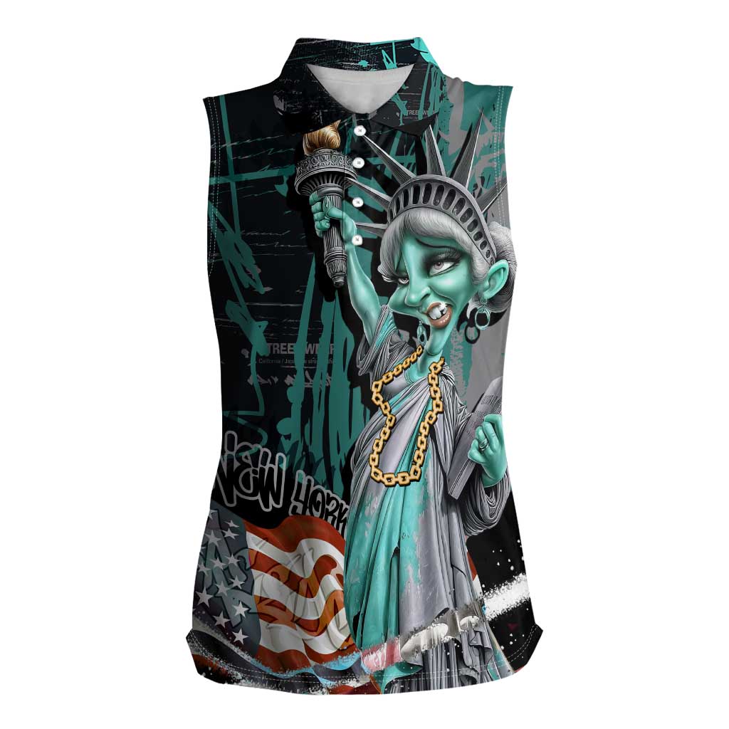 Street Art Liberty Women Sleeveless Polo Shirt with Graffiti Print and Cartoon Statue of Liberty - Wonder Print Shop