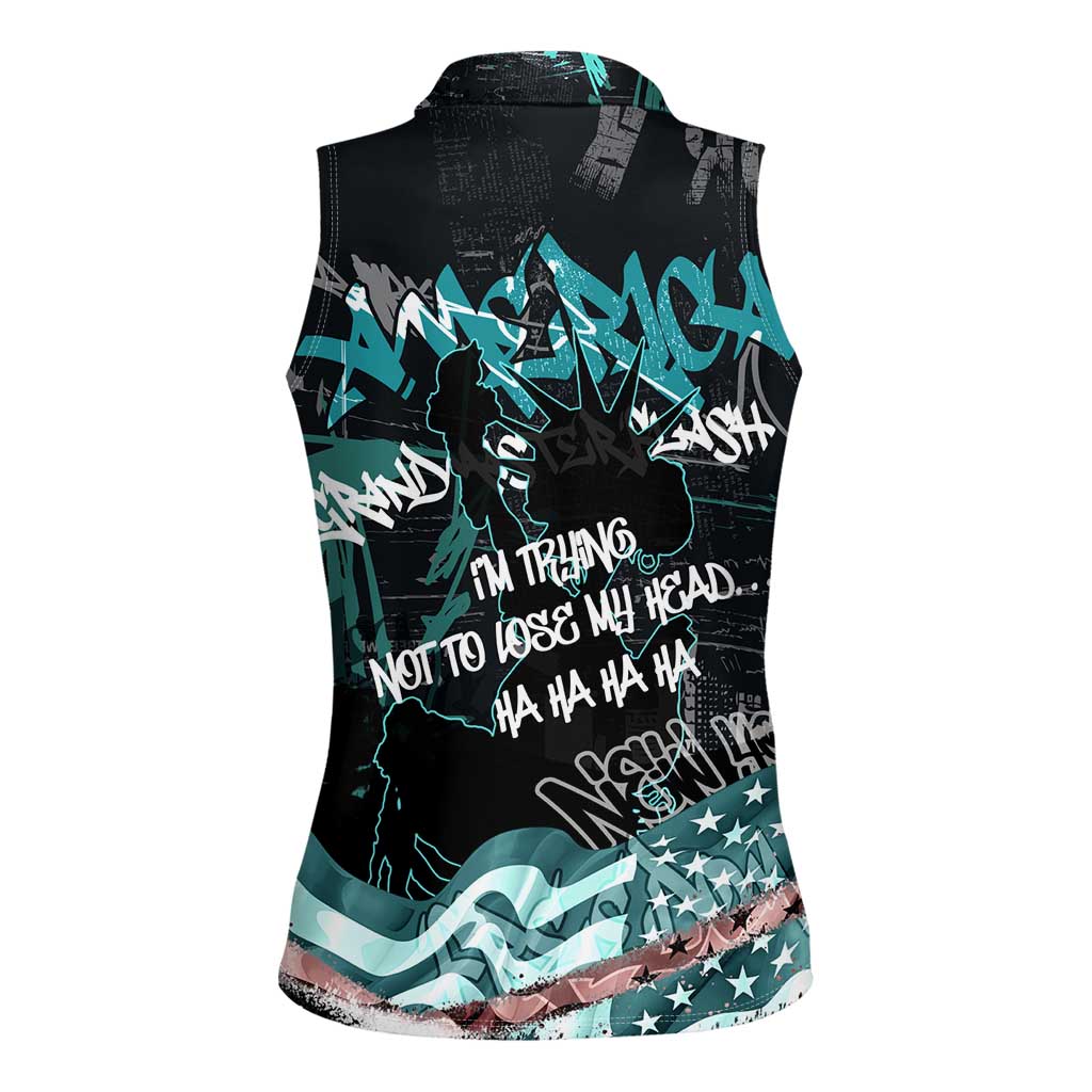 Street Art Liberty Women Sleeveless Polo Shirt with Graffiti Print and Cartoon Statue of Liberty - Wonder Print Shop