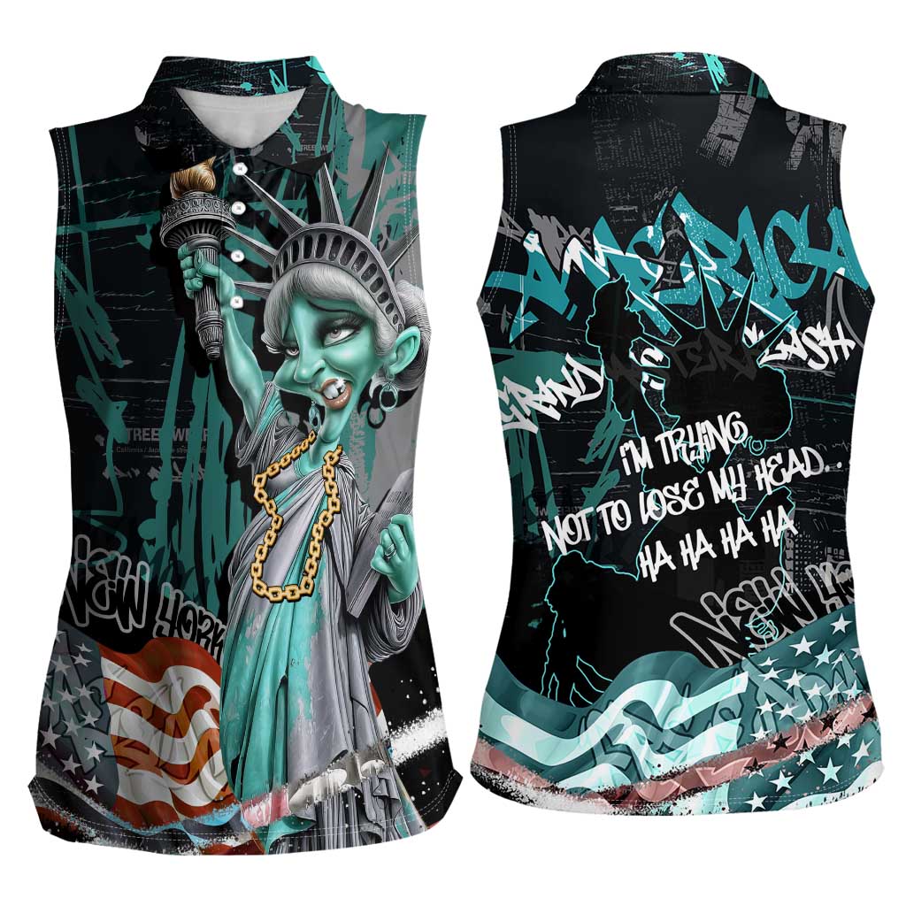 Street Art Liberty Women Sleeveless Polo Shirt with Graffiti Print and Cartoon Statue of Liberty - Wonder Print Shop