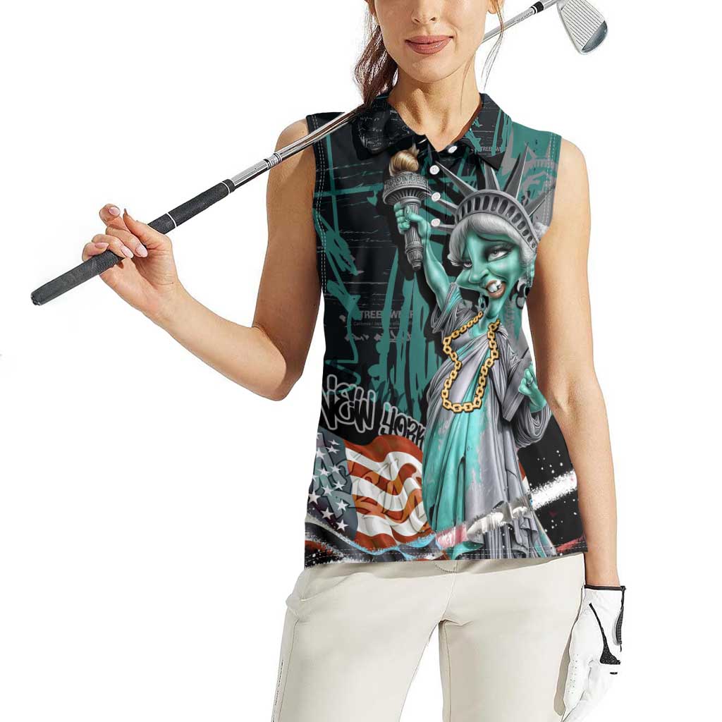 Street Art Liberty Women Sleeveless Polo Shirt with Graffiti Print and Cartoon Statue of Liberty - Wonder Print Shop