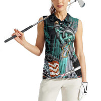 Street Art Liberty Women Sleeveless Polo Shirt with Graffiti Print and Cartoon Statue of Liberty - Wonder Print Shop