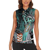 Street Art Liberty Women Sleeveless Polo Shirt with Graffiti Print and Cartoon Statue of Liberty - Wonder Print Shop