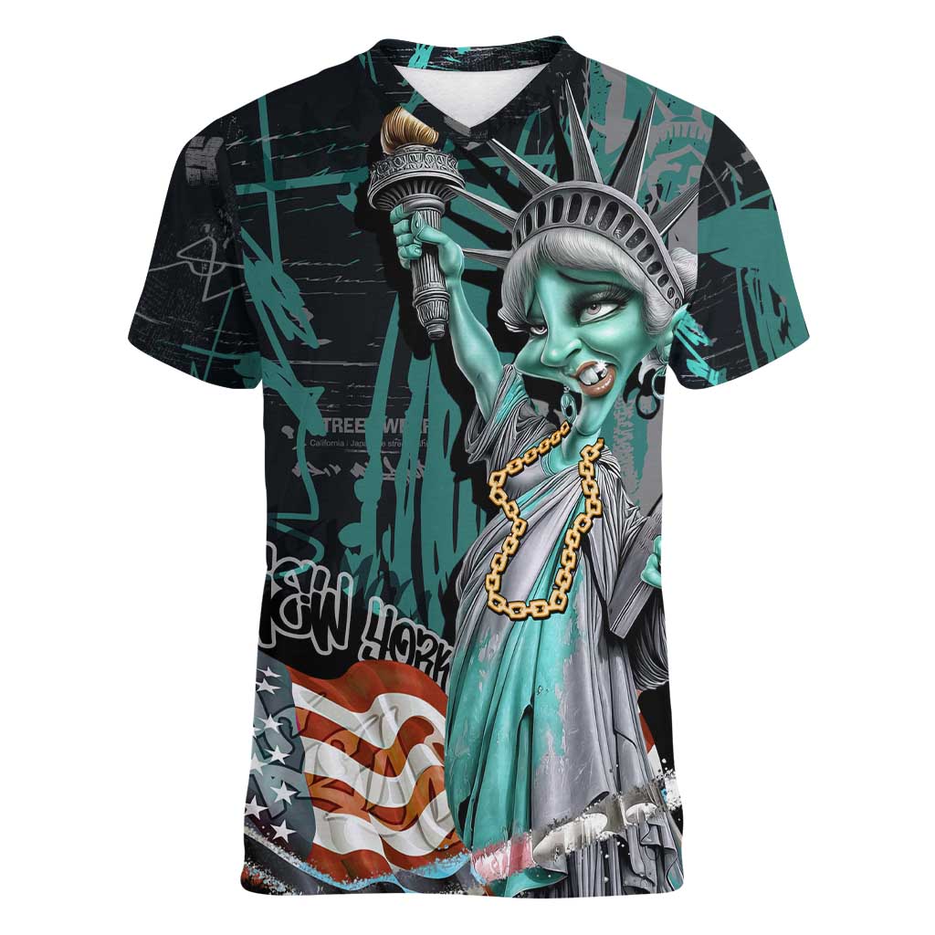 Street Art Liberty Women V-Neck T-Shirt with Graffiti Print and Cartoon Statue of Liberty - Wonder Print Shop