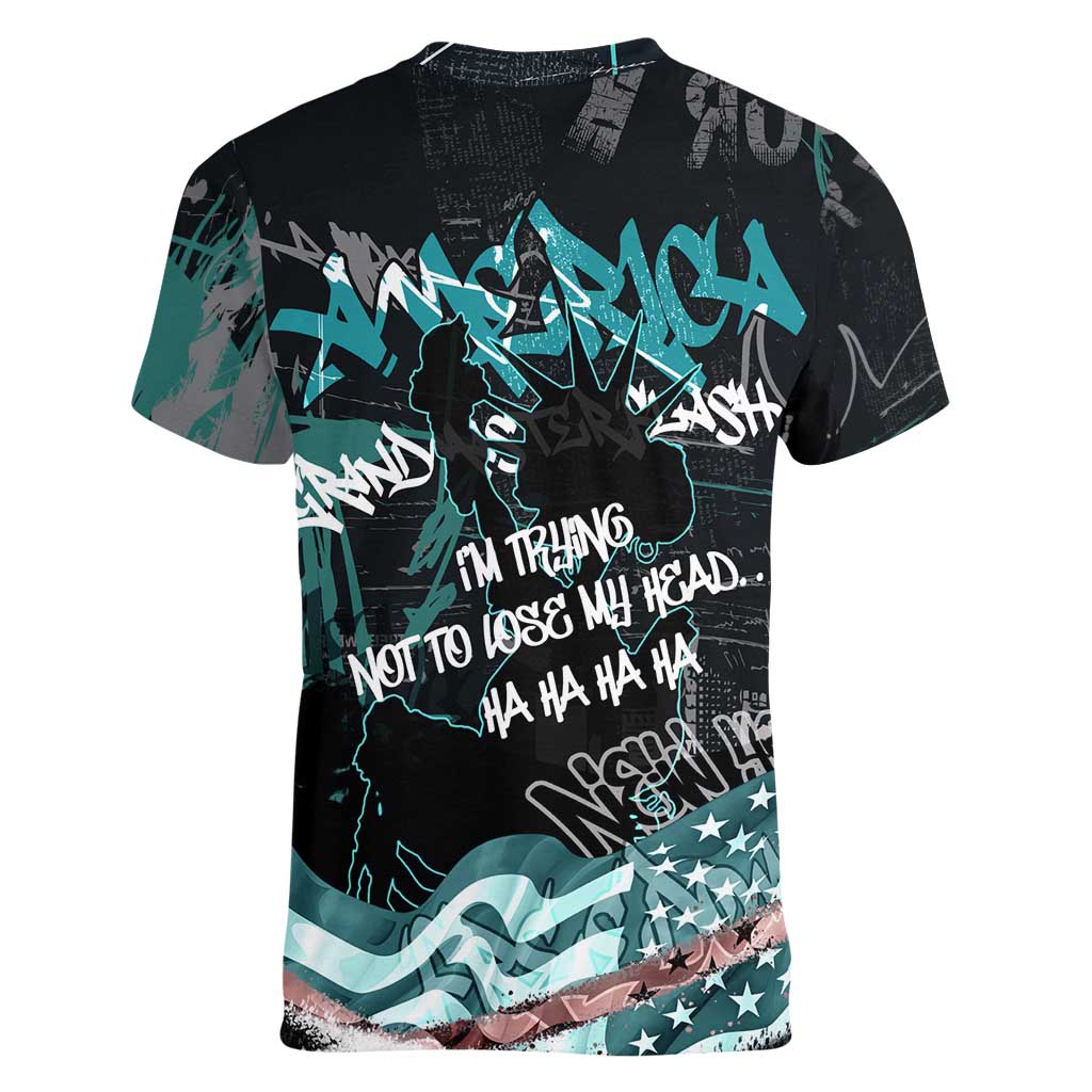 Street Art Liberty Women V-Neck T-Shirt with Graffiti Print and Cartoon Statue of Liberty - Wonder Print Shop