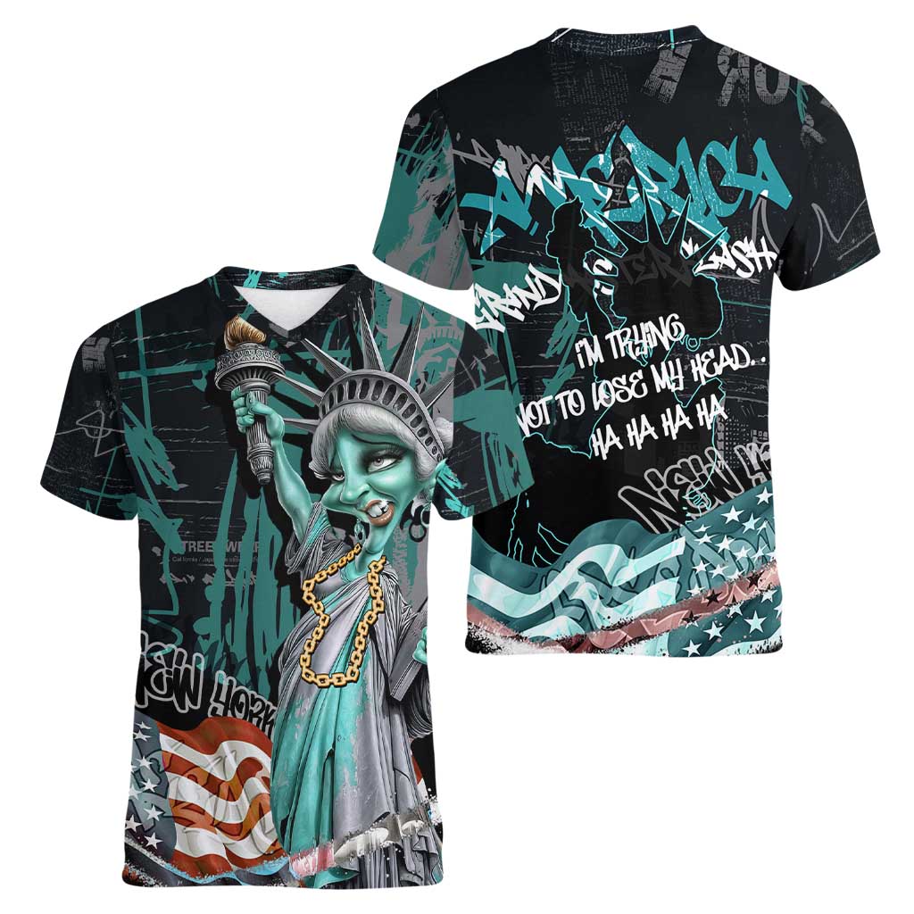 Street Art Liberty Women V-Neck T-Shirt with Graffiti Print and Cartoon Statue of Liberty - Wonder Print Shop