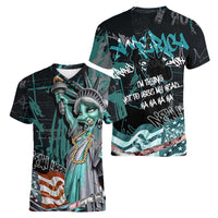 Street Art Liberty Women V-Neck T-Shirt with Graffiti Print and Cartoon Statue of Liberty - Wonder Print Shop