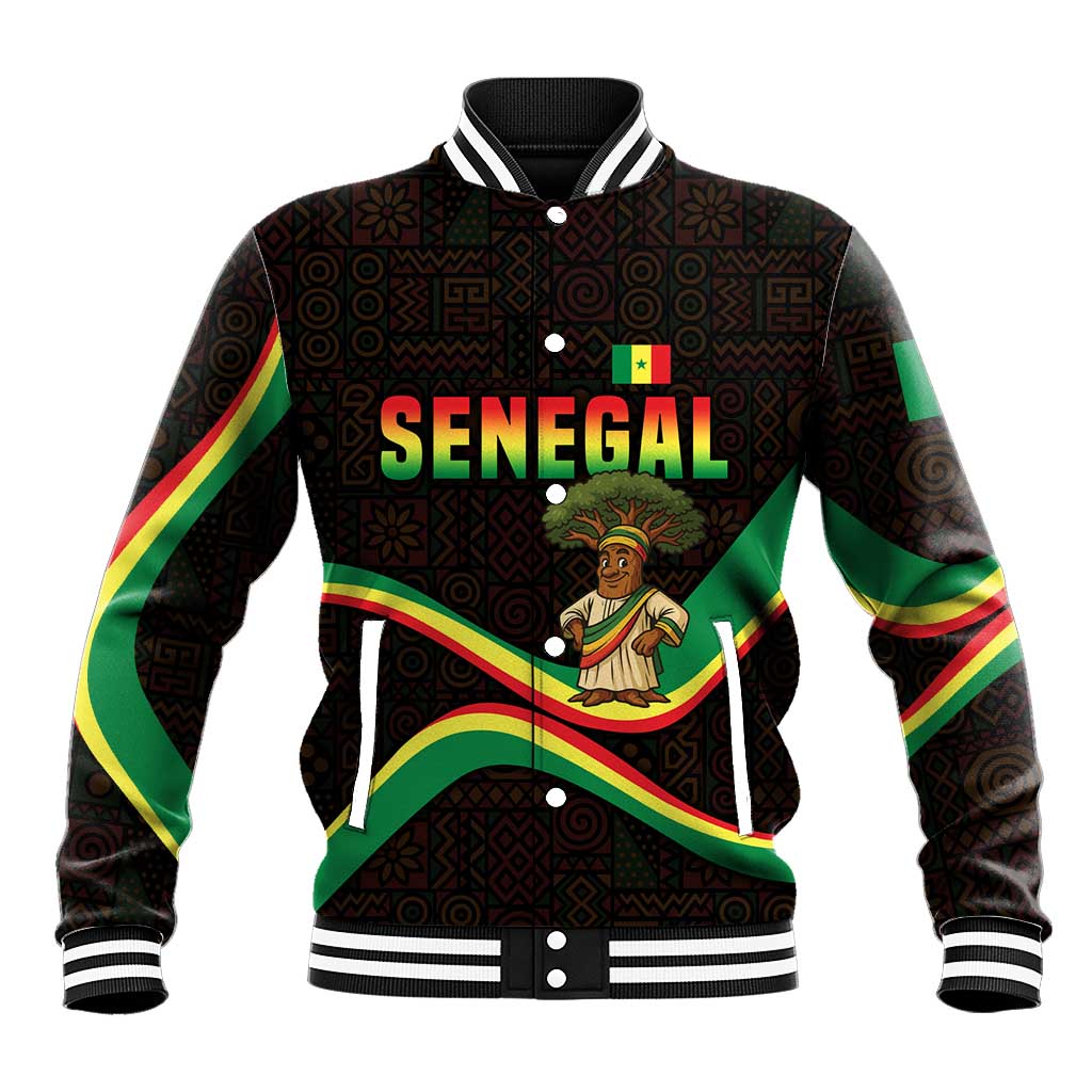 Senegal Tribal Pattern Baseball Jacket Baobab Character and Red Yellow Green Flag Theme Design - Wonder Print Shop