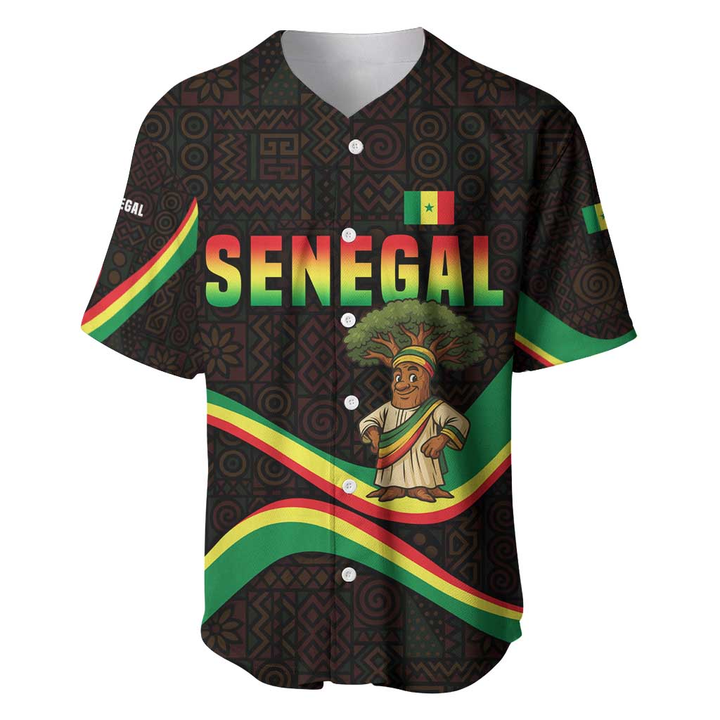 Senegal Tribal Pattern Baseball Jersey Baobab Character and Red Yellow Green Flag Theme Design - Wonder Print Shop