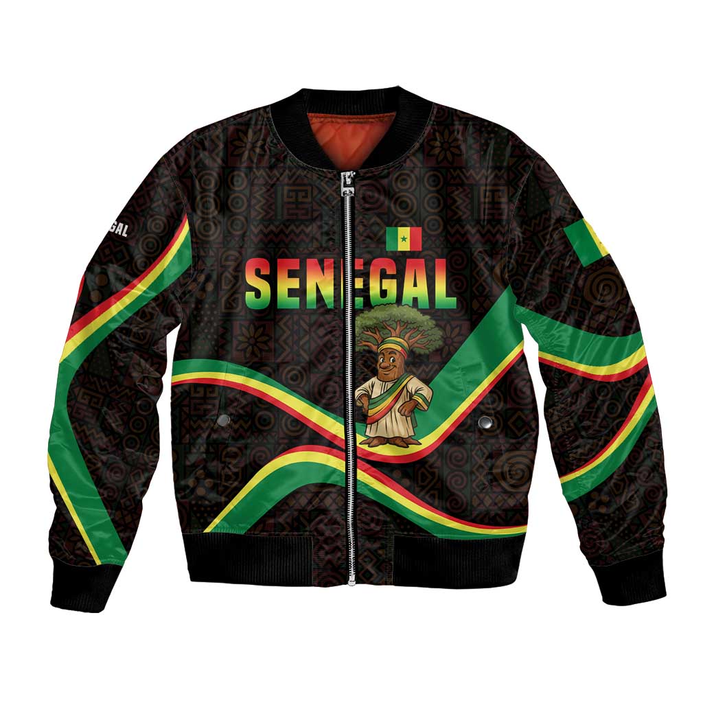 Senegal Tribal Pattern Bomber Jacket Baobab Character and Red Yellow Green Flag Theme Design - Wonder Print Shop