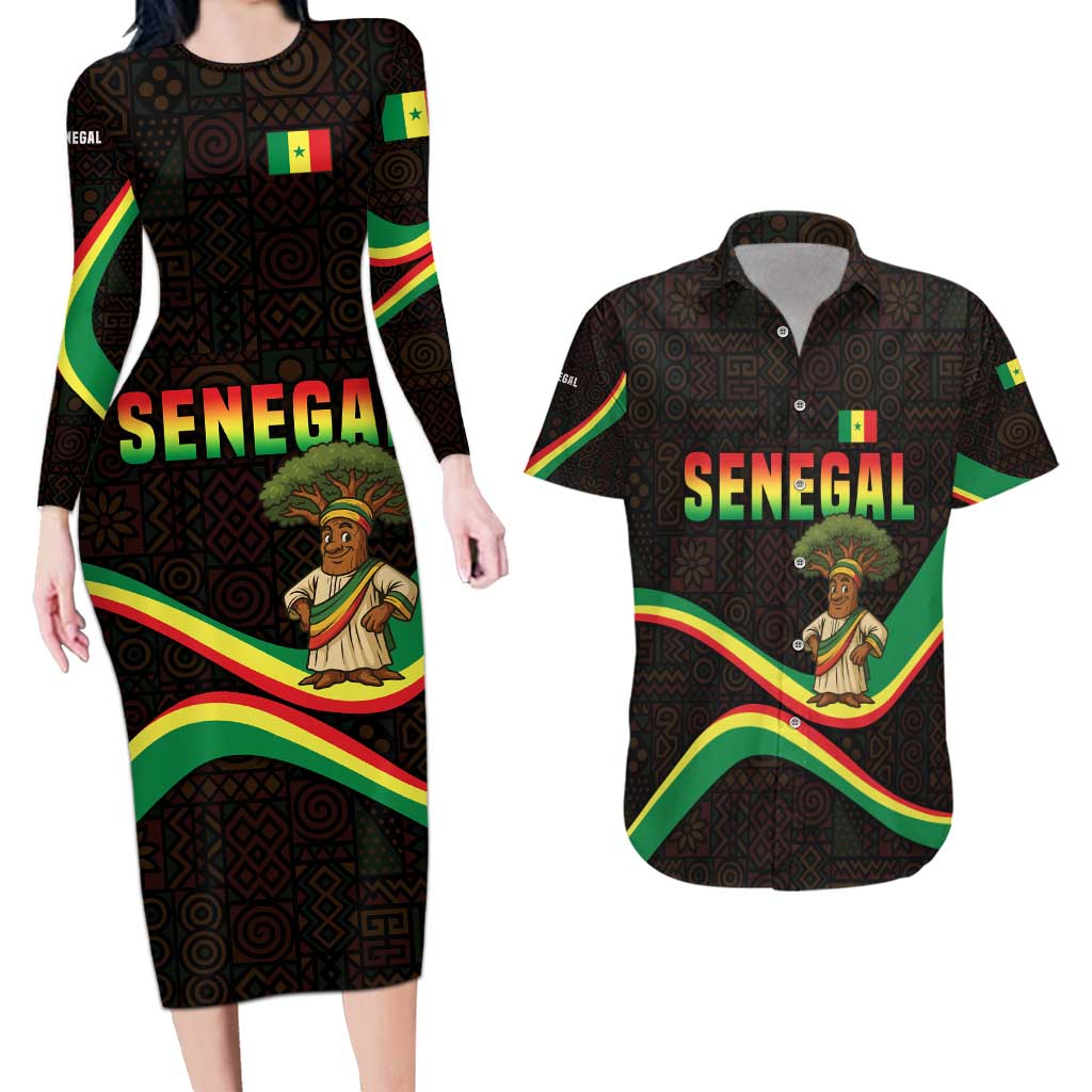 Senegal Tribal Pattern Couples Matching Long Sleeve Bodycon Dress and Hawaiian Shirt Baobab Character and Red Yellow Green Flag Theme Design - Wonder Print Shop