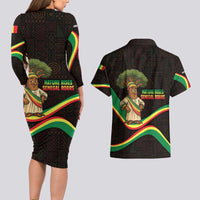 Senegal Tribal Pattern Couples Matching Long Sleeve Bodycon Dress and Hawaiian Shirt Baobab Character and Red Yellow Green Flag Theme Design - Wonder Print Shop