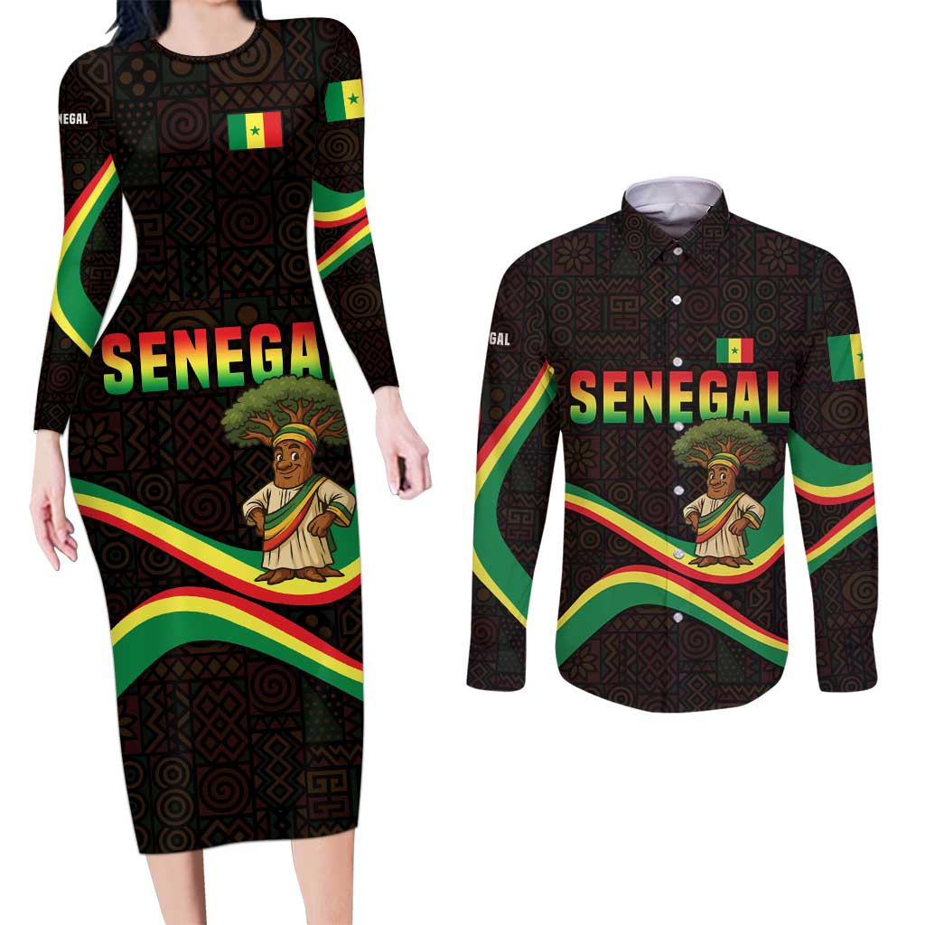 Senegal Tribal Pattern Couples Matching Long Sleeve Bodycon Dress and Long Sleeve Button Shirt Baobab Character and Red Yellow Green Flag Theme Design - Wonder Print Shop