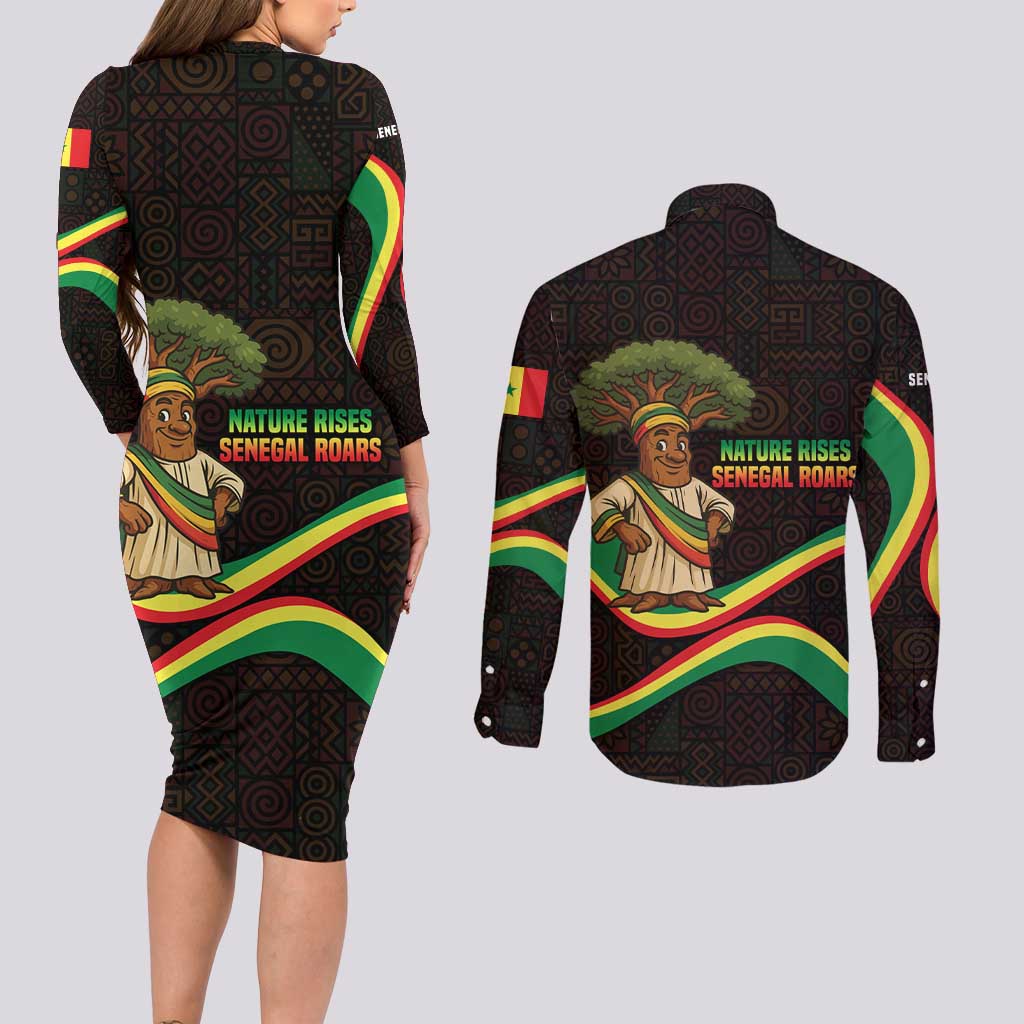 Senegal Tribal Pattern Couples Matching Long Sleeve Bodycon Dress and Long Sleeve Button Shirt Baobab Character and Red Yellow Green Flag Theme Design - Wonder Print Shop