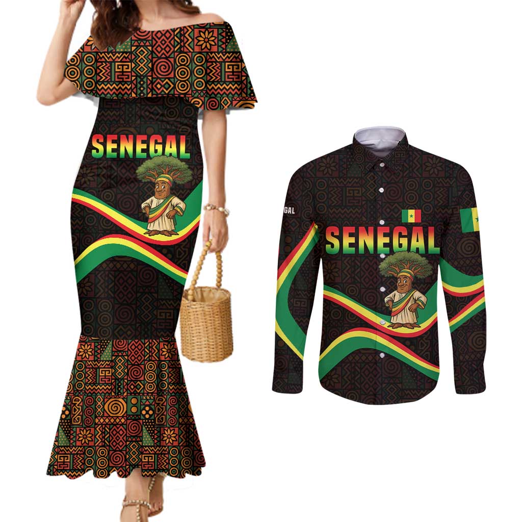 Senegal Tribal Pattern Couples Matching Mermaid Dress and Long Sleeve Button Shirt Baobab Character and Red Yellow Green Flag Theme Design - Wonder Print Shop