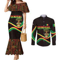 Senegal Tribal Pattern Couples Matching Mermaid Dress and Long Sleeve Button Shirt Baobab Character and Red Yellow Green Flag Theme Design - Wonder Print Shop
