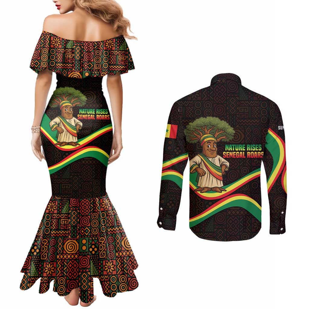 Senegal Tribal Pattern Couples Matching Mermaid Dress and Long Sleeve Button Shirt Baobab Character and Red Yellow Green Flag Theme Design - Wonder Print Shop