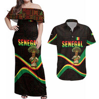 Senegal Tribal Pattern Couples Matching Off Shoulder Maxi Dress and Hawaiian Shirt Baobab Character and Red Yellow Green Flag Theme Design - Wonder Print Shop