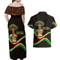 Senegal Tribal Pattern Couples Matching Off Shoulder Maxi Dress and Hawaiian Shirt Baobab Character and Red Yellow Green Flag Theme Design - Wonder Print Shop