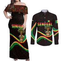 Senegal Tribal Pattern Couples Matching Off Shoulder Maxi Dress and Long Sleeve Button Shirt Baobab Character and Red Yellow Green Flag Theme Design - Wonder Print Shop