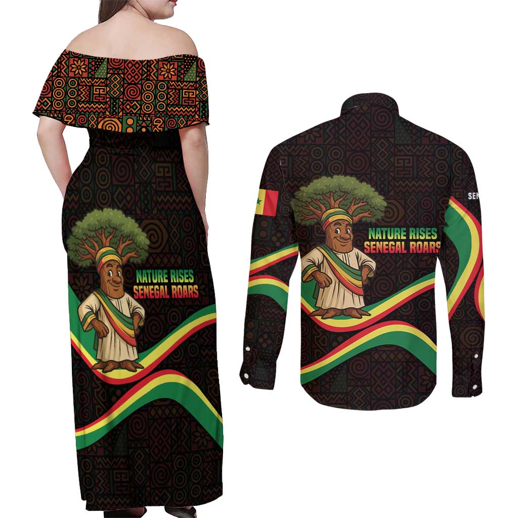 Senegal Tribal Pattern Couples Matching Off Shoulder Maxi Dress and Long Sleeve Button Shirt Baobab Character and Red Yellow Green Flag Theme Design - Wonder Print Shop
