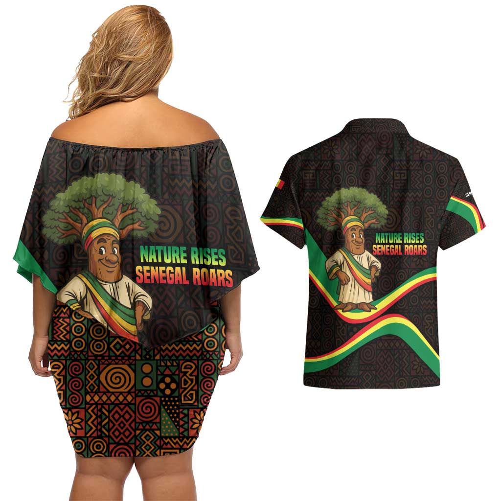 Senegal Tribal Pattern Couples Matching Off Shoulder Short Dress and Hawaiian Shirt Baobab Character and Red Yellow Green Flag Theme Design - Wonder Print Shop