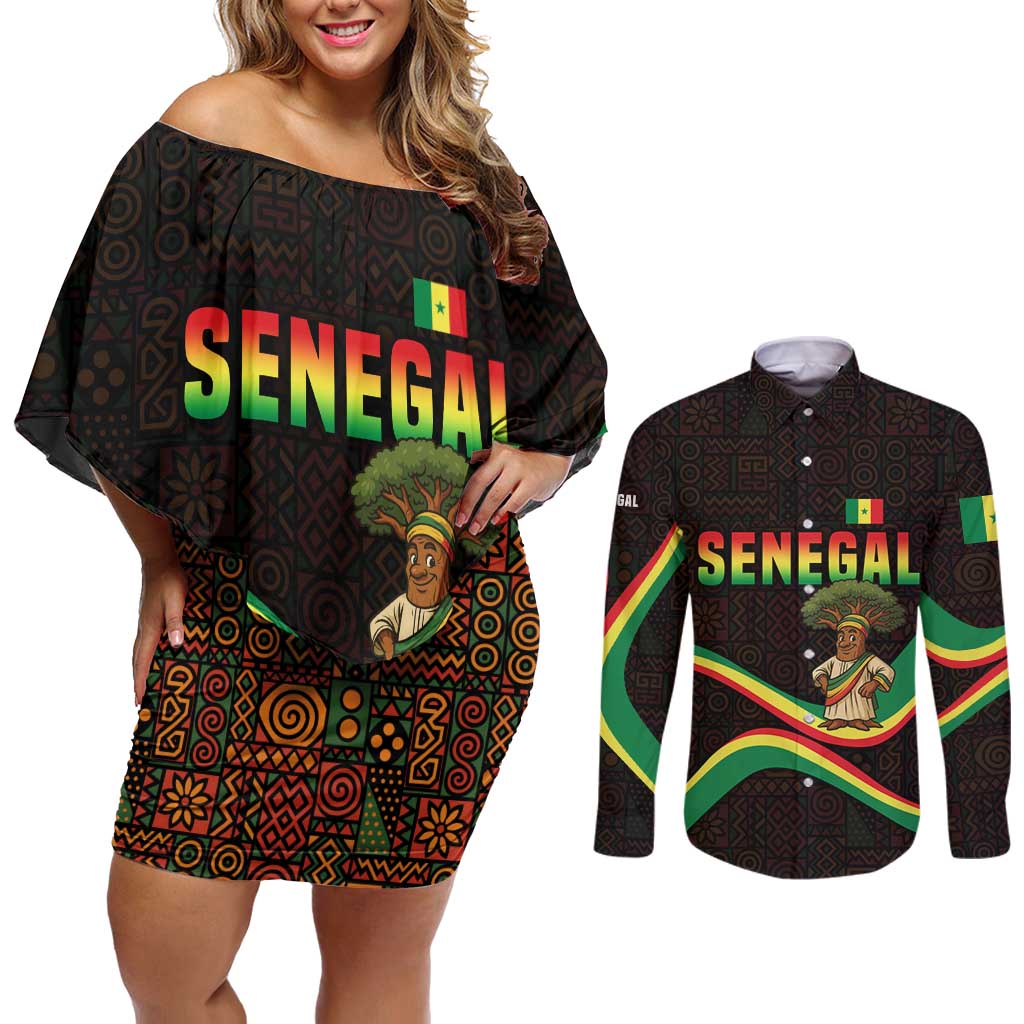 Senegal Tribal Pattern Couples Matching Off Shoulder Short Dress and Long Sleeve Button Shirt Baobab Character and Red Yellow Green Flag Theme Design - Wonder Print Shop