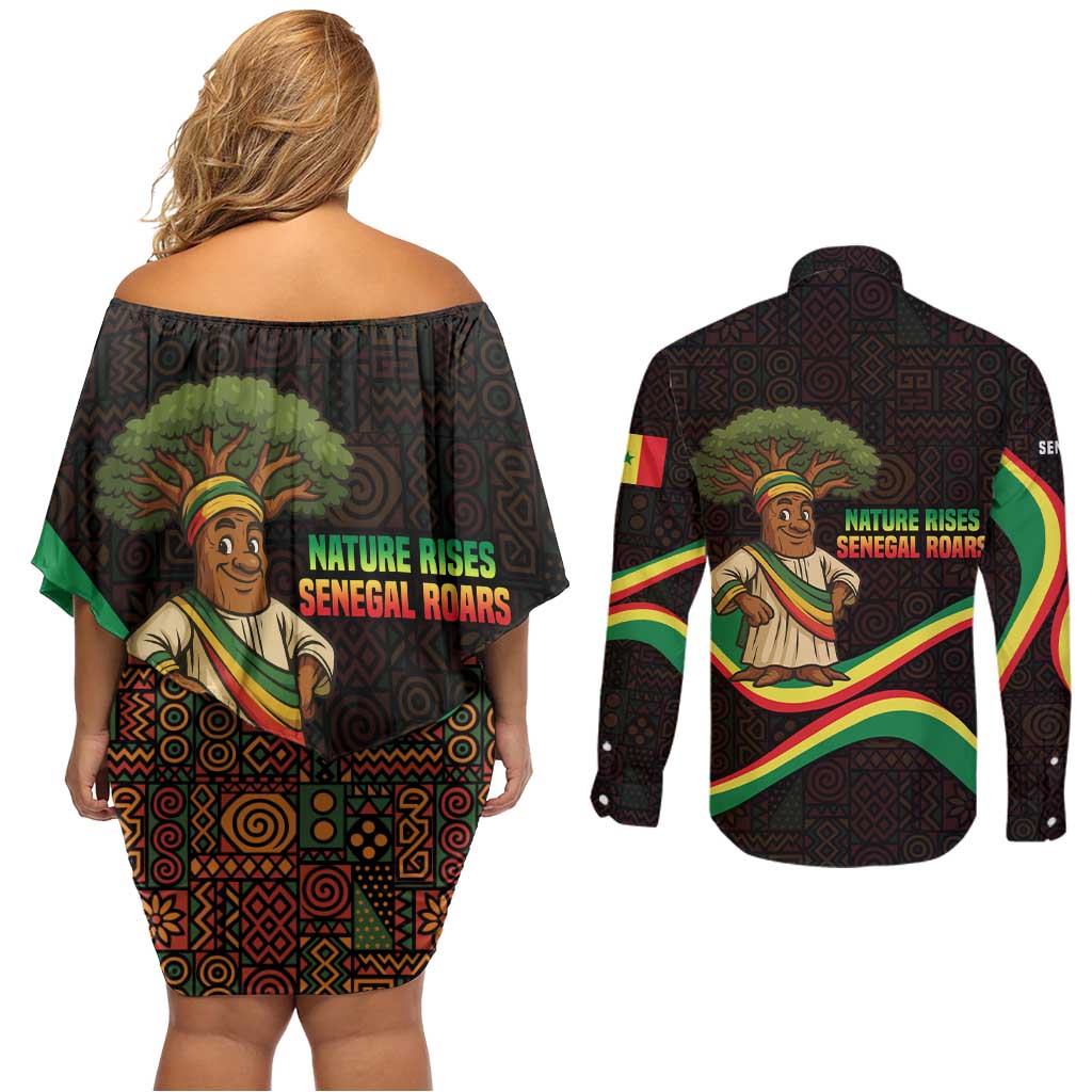 Senegal Tribal Pattern Couples Matching Off Shoulder Short Dress and Long Sleeve Button Shirt Baobab Character and Red Yellow Green Flag Theme Design - Wonder Print Shop