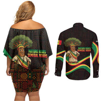Senegal Tribal Pattern Couples Matching Off Shoulder Short Dress and Long Sleeve Button Shirt Baobab Character and Red Yellow Green Flag Theme Design - Wonder Print Shop