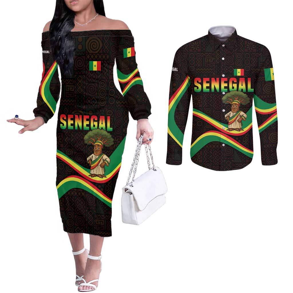 Senegal Tribal Pattern Couples Matching Off The Shoulder Long Sleeve Dress and Long Sleeve Button Shirt Baobab Character and Red Yellow Green Flag Theme Design - Wonder Print Shop