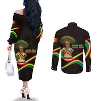 Senegal Tribal Pattern Couples Matching Off The Shoulder Long Sleeve Dress and Long Sleeve Button Shirt Baobab Character and Red Yellow Green Flag Theme Design - Wonder Print Shop