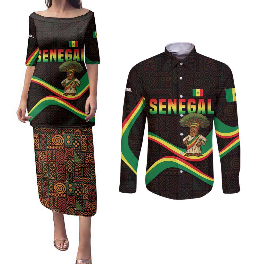Senegal Tribal Pattern Couples Matching Puletasi and Long Sleeve Button Shirt Baobab Character and Red Yellow Green Flag Theme Design - Wonder Print Shop