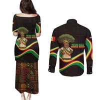 Senegal Tribal Pattern Couples Matching Puletasi and Long Sleeve Button Shirt Baobab Character and Red Yellow Green Flag Theme Design - Wonder Print Shop