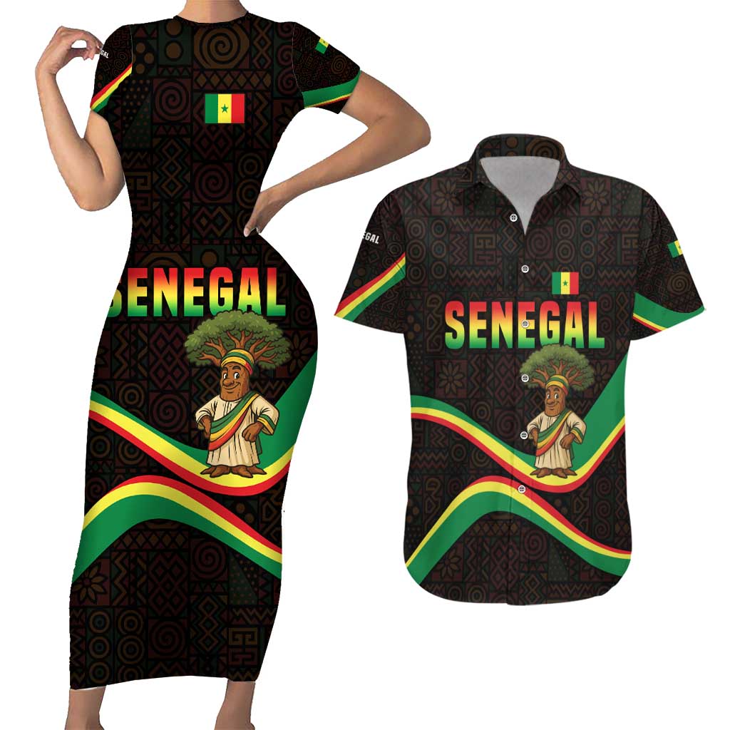 Senegal Tribal Pattern Couples Matching Short Sleeve Bodycon Dress and Hawaiian Shirt Baobab Character and Red Yellow Green Flag Theme Design - Wonder Print Shop