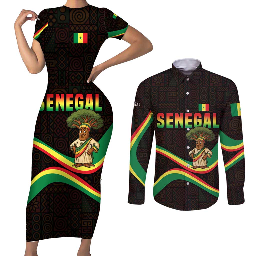Senegal Tribal Pattern Couples Matching Short Sleeve Bodycon Dress and Long Sleeve Button Shirt Baobab Character and Red Yellow Green Flag Theme Design - Wonder Print Shop